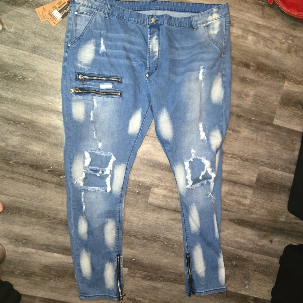 HENGAO Mens Destroyed Ripped Straight Fit Jeans 1161 LIGHT BLUE SIZE 48